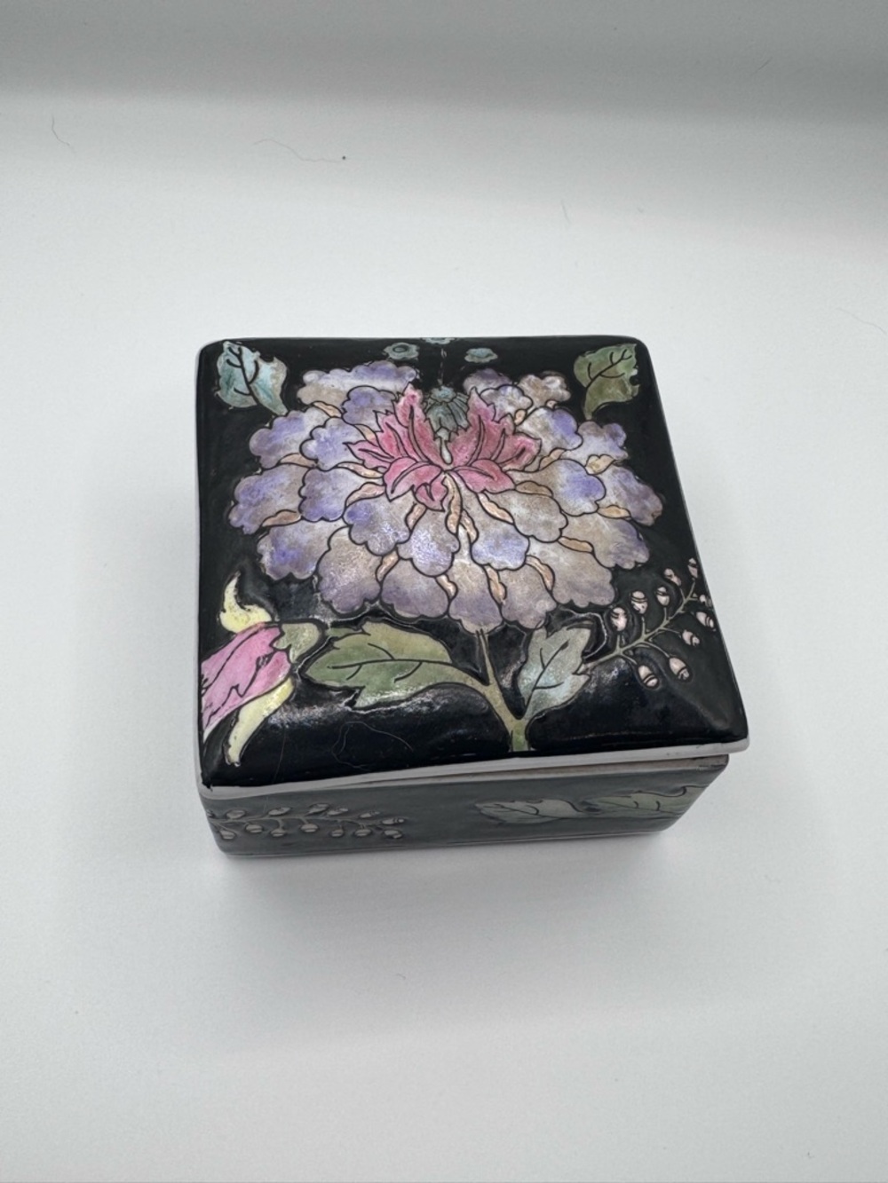 Black Floral Decorative Trinket Box with Pastel Flower Motif